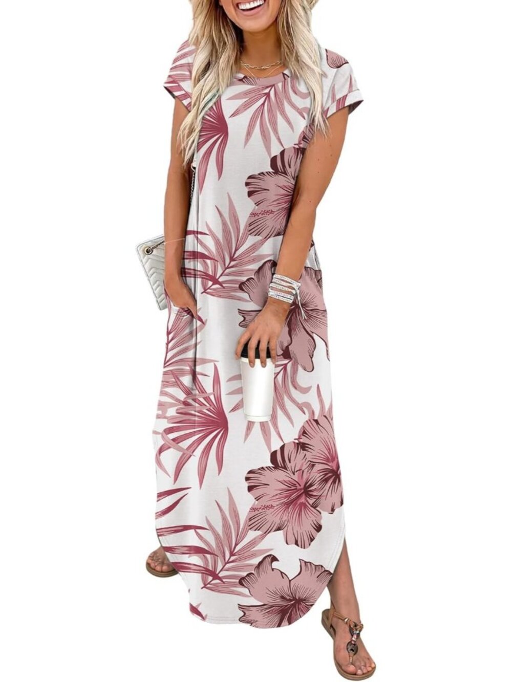 Women's Maxi Dresses Floral Rose Red Leaf Crew Neck Cap Sleeves Summer Comfort